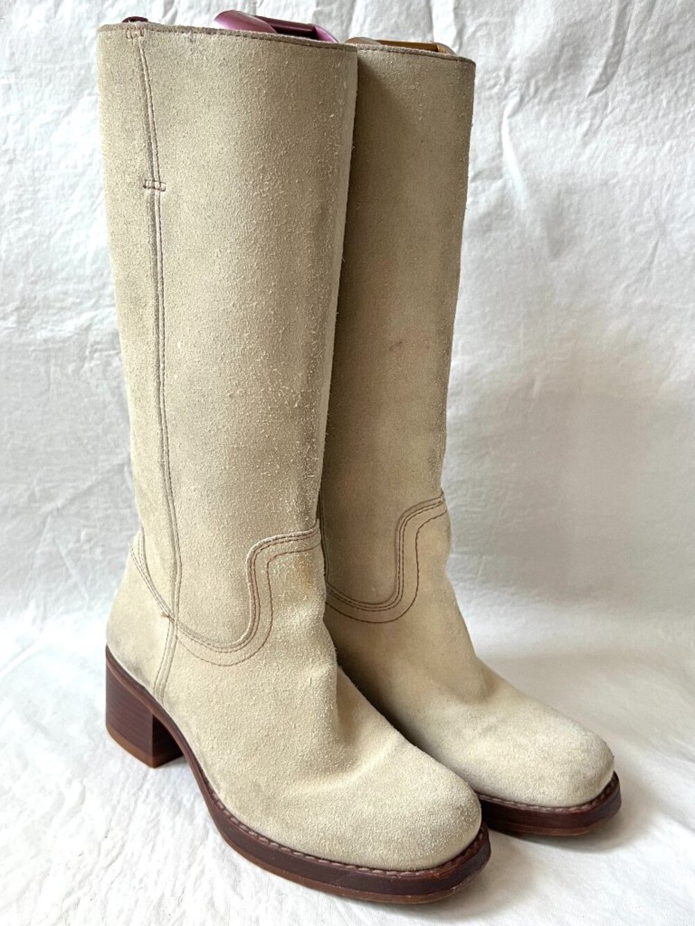 Bertie campus boots womens 40 8.5 9 cream white suede knee high block heel tall